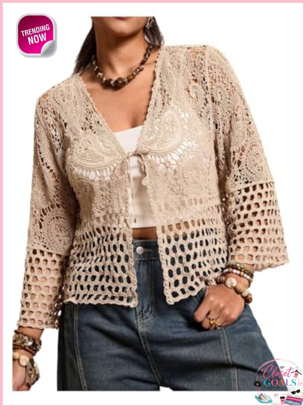 Crochet Knit Cardigan Hollow Out Tie Front Sheer Boho Summer Coverup
